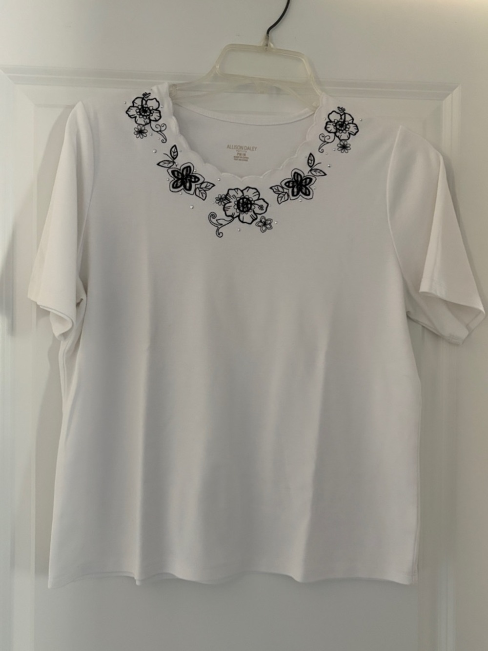 Allison Daley White Short Sleeve Top with Black Floral Neck Embroidery